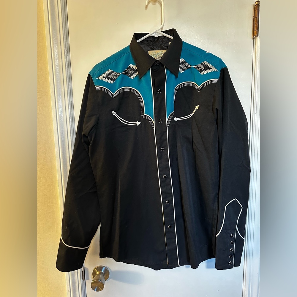 Roper Black and Blue Men’s Western Pearl Snap Shirt - Size M